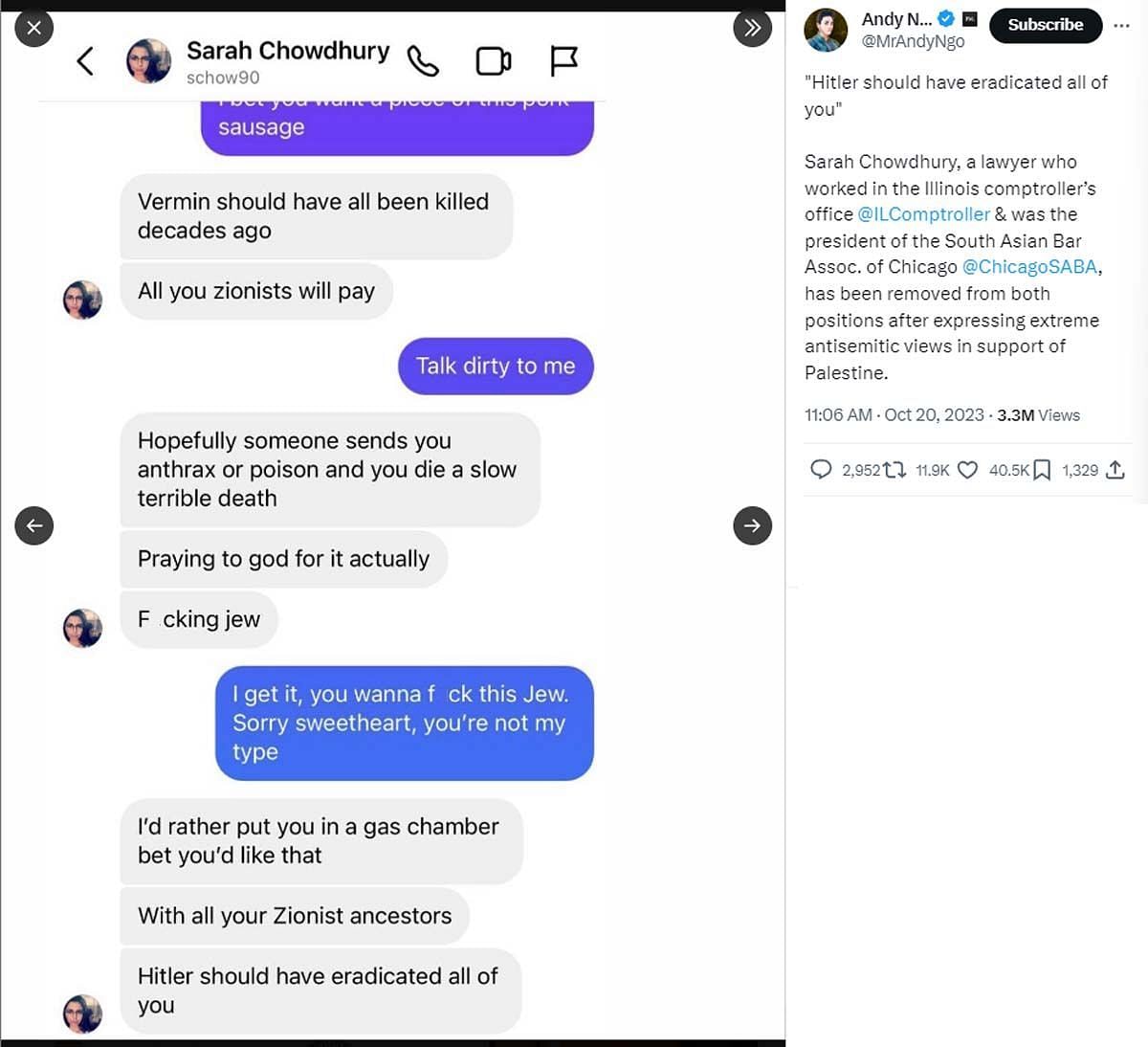 Screenshot of Sarah Chowdhury's conversation (Image via Twitter/@MrAndyNgo)